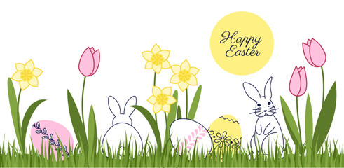 1360_Happy Easter greeting card with decorated eggs, rabbit and spring flowers