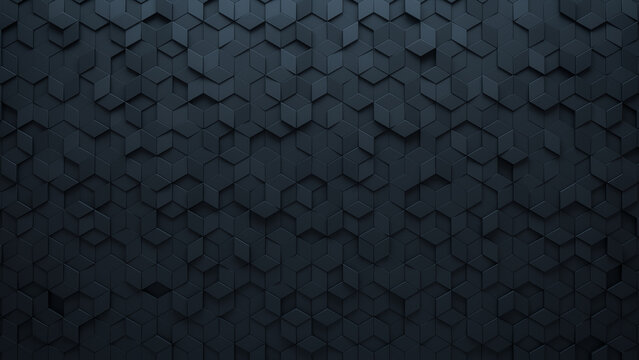 Black, 3D Wall background with tiles. Semigloss, tile Wallpaper with Polished, Diamond Shaped blocks. 3D Render