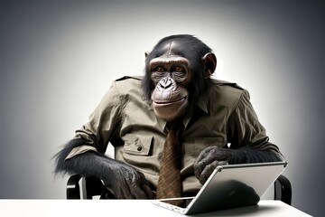 Chimp in suit using tablet. Photo generative AI