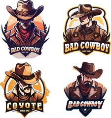 cowboy stickers. Collection of stickers with brutal men in cowboy hats