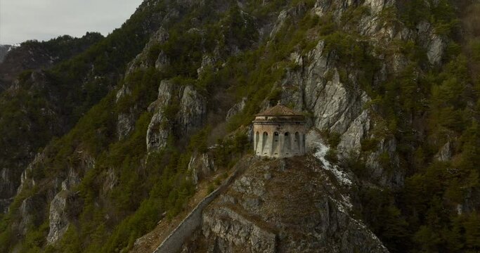 Drone Flying Towards Rocca d'Anfo Historic Military Fortification In Anfo, Italy. Aerial Shot