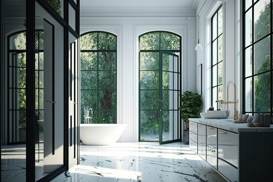 modern bathroom with big french windows, generative AI
