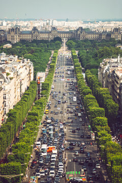 Aerial view of Champs Elysees from Arc de Triomphe in city