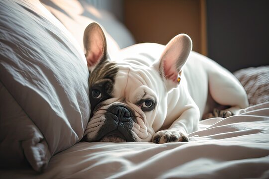 Cute Frenchie snoozing in bedroom. Photo generative AI