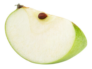 Wedge of green apple fruit with seed isolated on transparent background