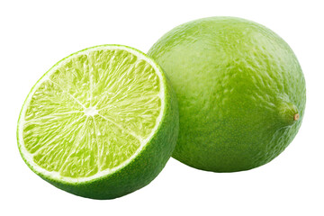 Fresh lime citrus fruit and half isolated on transparent background