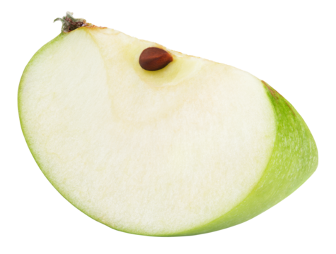 Wedge of green apple fruit with seed isolated on transparent background