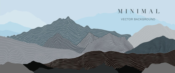 Obraz na płótnie Canvas Mountain wallpaper background vector. Contour drawing line art texture scenic landscape sky and hills in minimalist style. Design illustration for cover, invitation, packaging, fabric, poster, print.