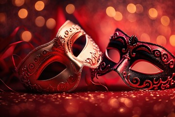 Traditional Venetian red carnival masks with bokeh lights as background. Concept: Carnival in Venice. Generative ai.