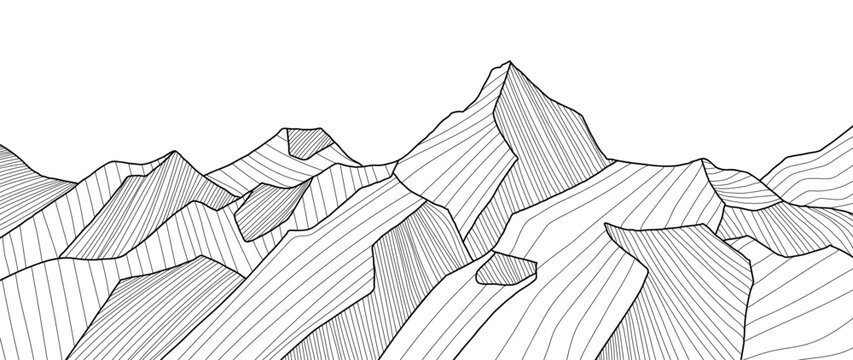 Black and white mountain line art wallpaper. Contour drawing luxury scenic landscape background design illustration for cover, invitation background, packaging design, fabric, banner and print. - Powered by Adobe