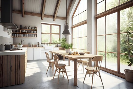 wooden kitchen with Large windows, a concrete floor, wooden counters, and a white table and chairs can all be found in a wooden kitchen. Generative AI