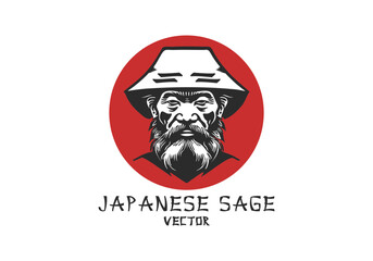 Vector black and white portrait of a bearded elderly Japanese sage in a hat. Red circle. White isolated background.