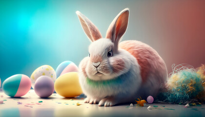 Fototapeta na wymiar Easter bunny with painted eggs. Easter card. generative ai