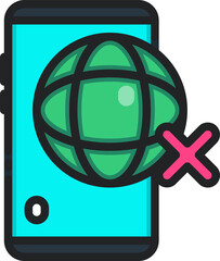 Phone, cellphone smartphone with globe, web, internet connected and cross filled outline icons. Vector illustration. Isolated icon suitable for web, infographics, interface and apps.
