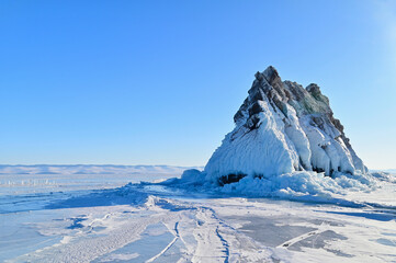 Fototapeta na wymiar Elenka Island on Frozen Lake Baikal in Winter