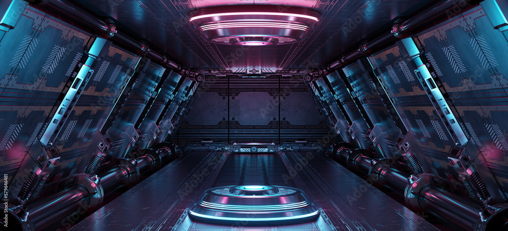 Poster Blue and pink spaceship interior with projector. Futuristic corridor in space station with glowing neon lights background. 3d rendering