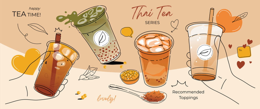 Ice tea summer drinks special promotions design. Thai tea, matcha green tea, fresh yummy drinks, bubble pearl milk tea, soft drinks with logo and doodle style for advertisement, banner, poster. 