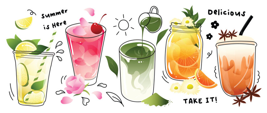 Ice tea summer drinks special promotions design. Thai tea, matcha green tea, fresh yummy drinks, sparkling lemon, orange juice, soft drinks. Doodle style vector for advertisement, banner, poster. 