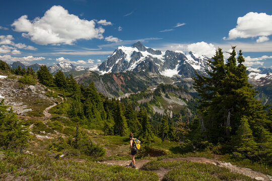 Rear view of female hiker climbing mountain against blue sky during sunny day