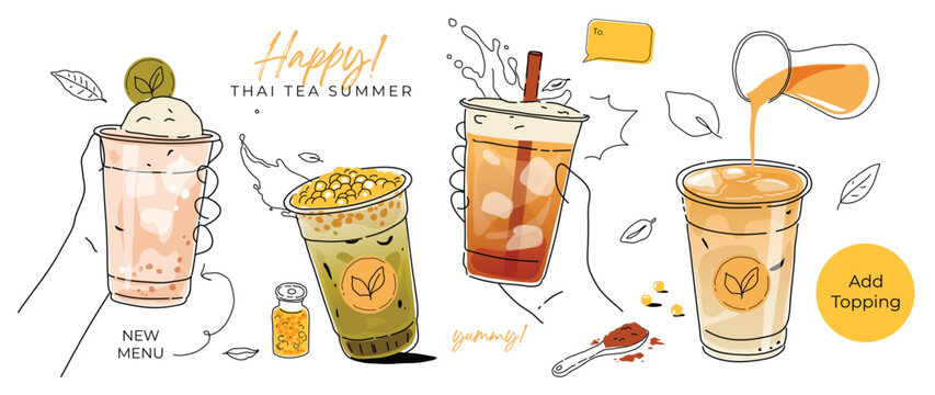 Ice tea summer drinks special promotions design. Thai tea, matcha green tea, fresh yummy drinks, bubble pearl milk tea, soft drinks with topping. Doodle style for advertisement, banner, poster. 