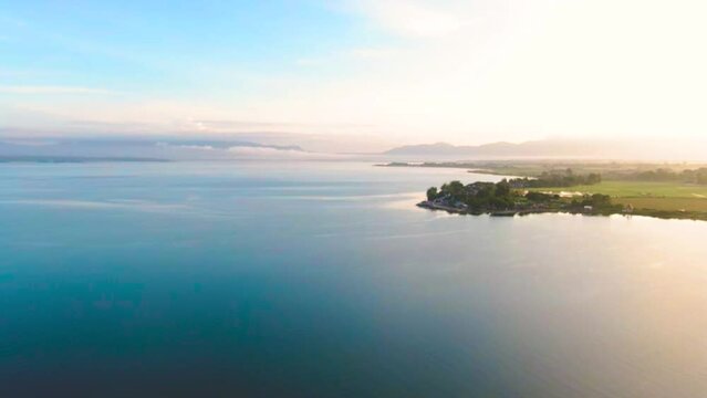 Aerial View of Danau Toba or Lake Toba at Sumatera Utara, Indonesia. Beautiful view in the morning when the sun rises