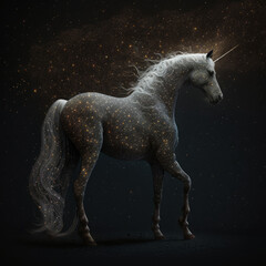 White unicorn with magic wand on dark background, Generative AI