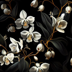 seamless pattern with dry leaves, branches and flowers. white orchid on black background