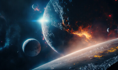 Space planets background. Distant planetscape in cosmos with exoplanets. Concept art Generative ai