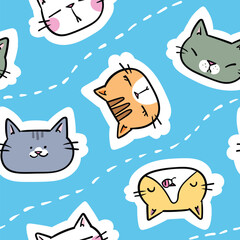 Seamless Pattern with Cartoon Cat Face Design on Blue Background