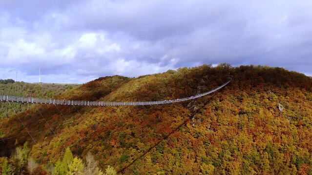 Suspension footbridge Geierlay, Germany. Arial view