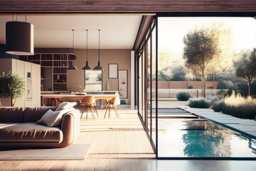 background of a pool terrace and brown furnishings, the interior of a modern home features a huge open sliding door that looks out into a swimming pool and the surrounding landscape. Ai Generative