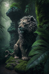 Majestic Lion Sculpture in Jungle Landscape: Chinese Artwork