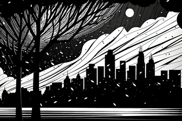 Black and white sketch of a cityscape: high-rise buildings, evening, moon, it is snowing