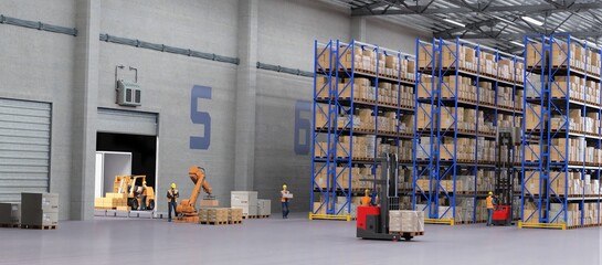 Warehouse Scene with Workers, High Shelves and Reach Fork Track. Logistics Concept. 3D illustration
