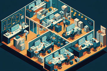 isometric view of a modern office environment, with rows of workstations, meeting rooms, and various types of technology