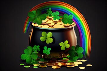 Green background with pot of gold coins, rainbow and clover leaves. Generative AI