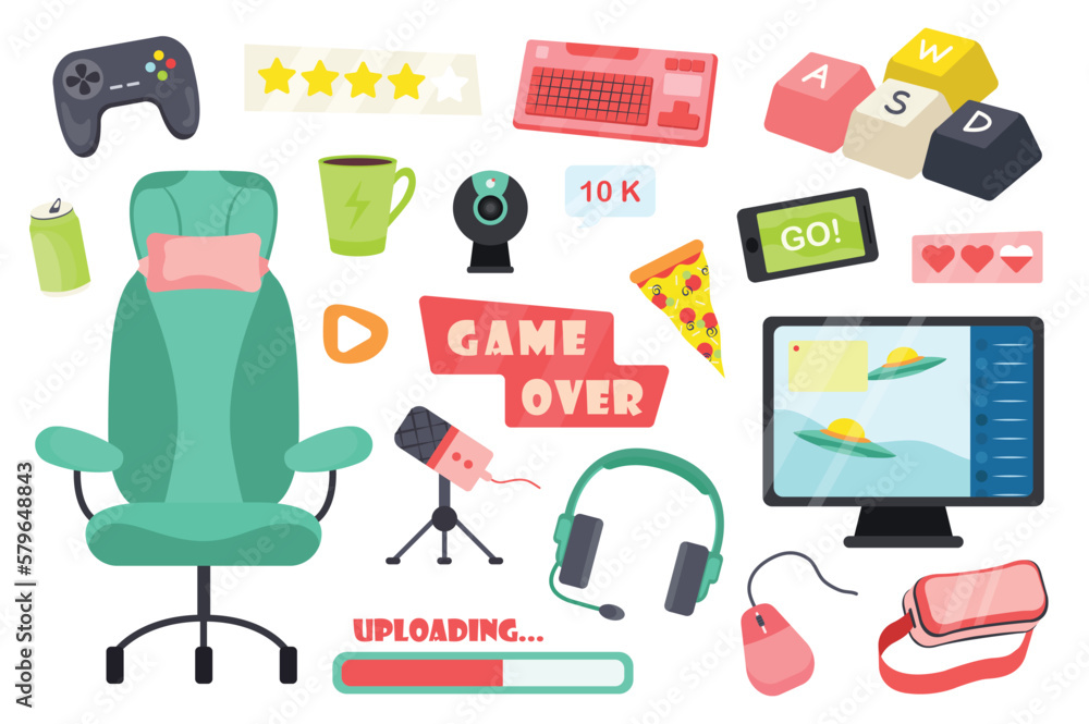 Poster set icons concept game streamer elements without people scene in the flat cartoon style. attributes 