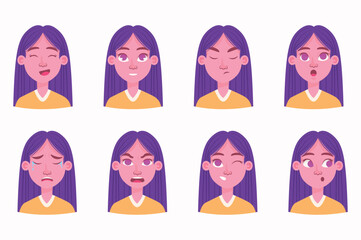 People showing emotions set icons concept with people scene in the flat cartoon style. Girl shows different emotions. Vector illustration.