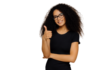 I totally agree. Good looking satisfied Afro American woman keeps thumb up, dressed in casual black t shirt, has crisp hair, wears spectacles, models over brown background. Body language concept