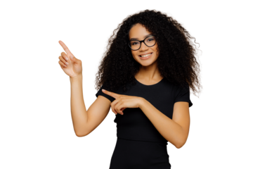 Isolated shot of happy African American woman points up and aside, demonstrates blank copy space for your advertisement, wears spectacles, casual t shirt, has gentle smile on face. People and promo