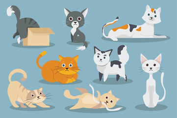 Playful cute cats flat item set concept without people scene in the flat cartoon design. Cute cats having fun and playing at home. Vector illustration.