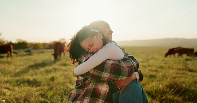 Agriculture, cows and mother hug child for sustainability farming, animal care and love on sky lens flare mock up. Sustainability family with group cattle for beef, meat or food supply chain industry