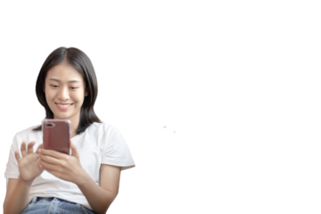 Asian woman sitting with smart phone on sofa in living room, Looking at tablet screen, Relaxing at home, Working through the Internet communication system, Happy working lifestyle.