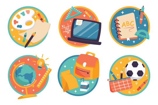 Hand drawn school stickers set concept without people scene in the flat cartoon style. Stickers that symbolize educational subjects at school. Vector illustration.
