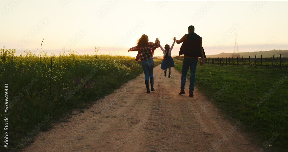 Wall mural farm family, walking with child and holding hands on sustainable organic farming healthy plant crop 