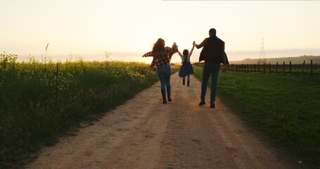 Farm family, walking with child and holding hands on sustainable organic farming healthy plant crop...