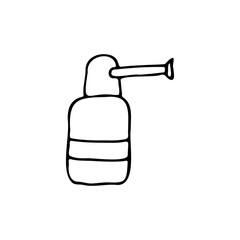 Spray for the treatment of the throat. Medicine. Means for the treatment of infectious diseases - colds, flu. An anesthetic drug. Doodle. Vector illustration. Hand drawn. Outline.