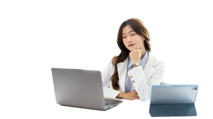Businesswoman using laptop to work, Asian woman working in the office, Financial clerk or accountant with documents and equipment working on the desk, Using computers for financial transactions.