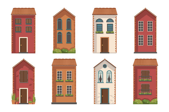 Traditional Italian architecture house building concept without people scene in the flat cartoon style. Small houses that can be seen in Italian courtyards. Vector illustration.