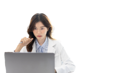 Businesswoman using laptop to work, Asian woman working in the office, Financial clerk or accountant with documents and equipment working on the desk, Using computers for financial transactions.